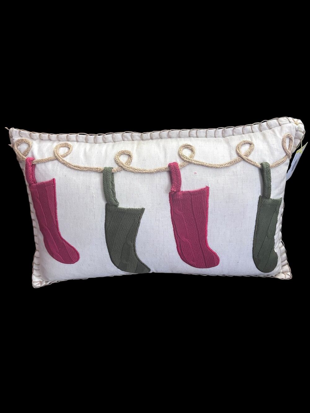 Pier 1 Christmas Throw Pillow Hanging Stockings Holiday Decor Approx 20x13 FLAW